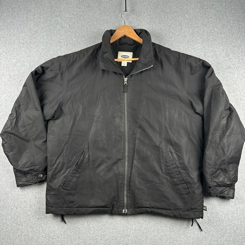 Vintage Old Navy Jacket Mens L Full Zip Black Fleece Lined Coated Shell Coat